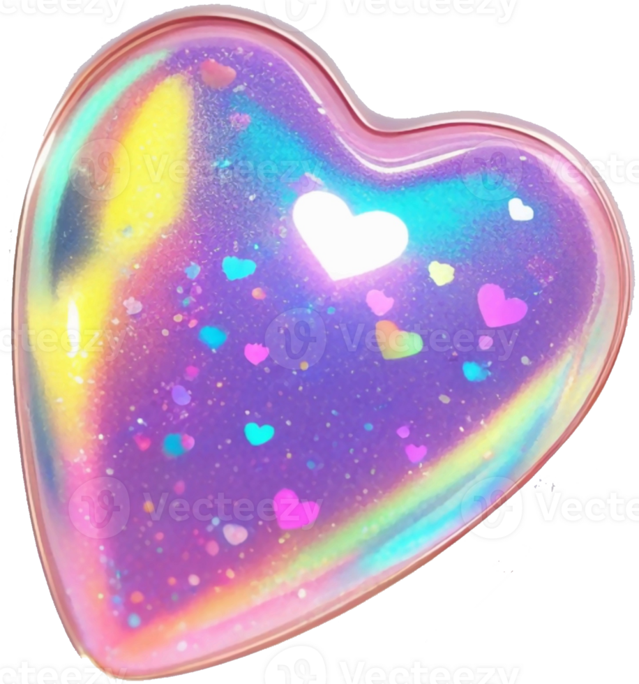 shows a shiny, holographic heart with a glossy surface, decorated with colorful sparkles and small heart shapes in a rainbow-like gradient. png