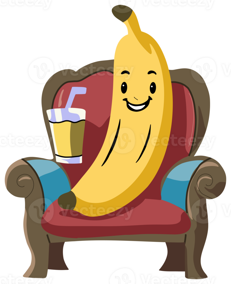 Cartoon Banana Relaxing on a Chair with Drink png