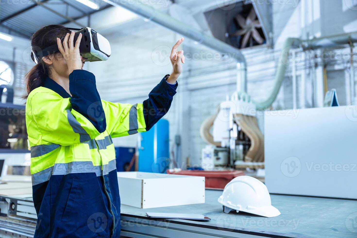 3D Modern Factory Innovation Technology in Industry, Technician using VR Virtual Reality Headset photo