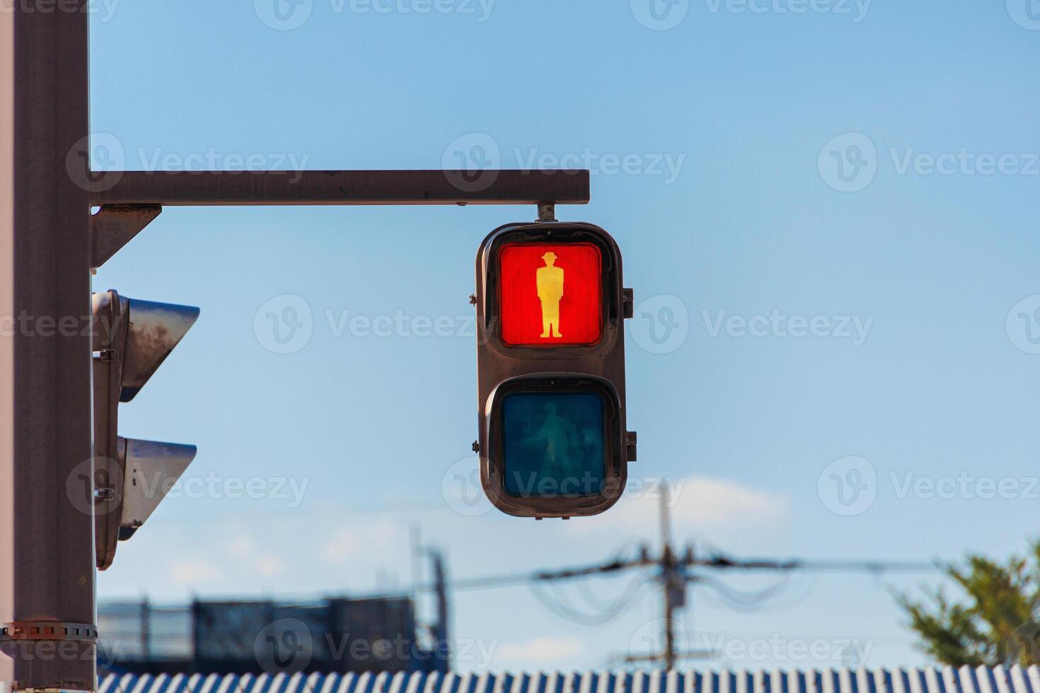 Red people traffic light for signal Pedestrian waiting or stop passing no cross the road in Japan photo