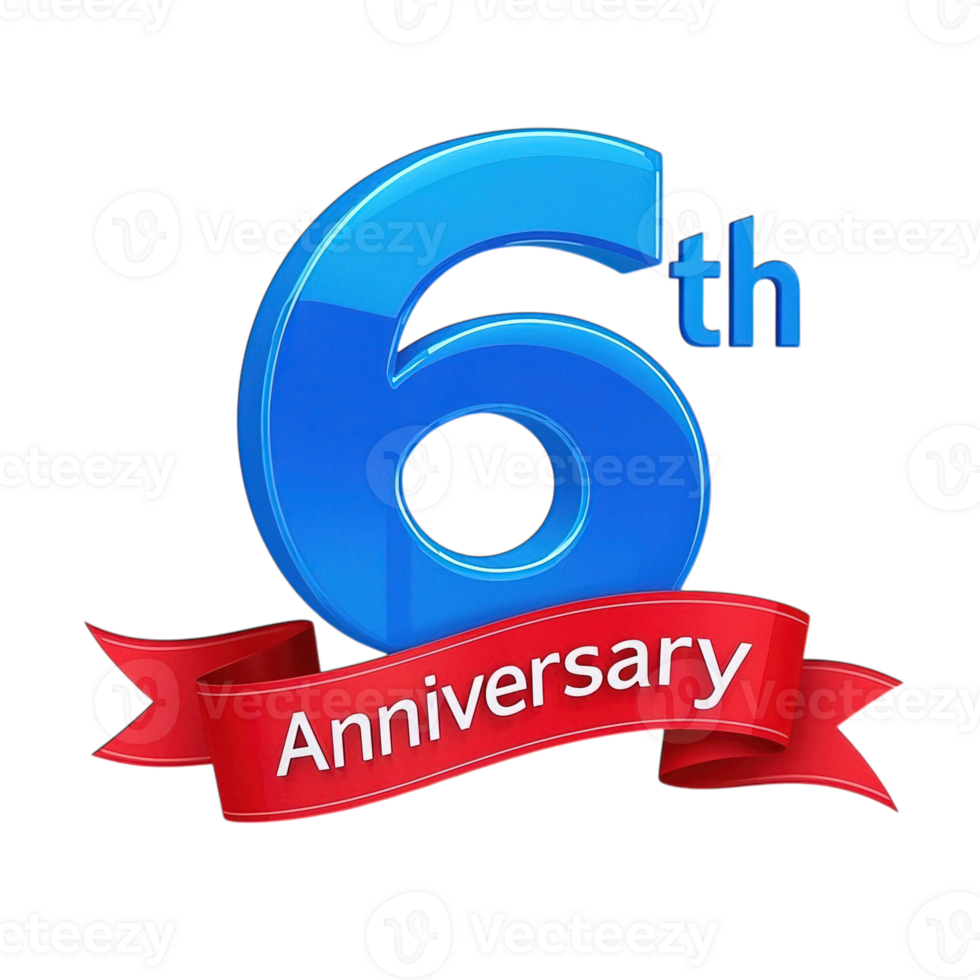 Shiny Blue Six 6th Anniversary Celebration Design Red Ribbon Elegant 3D Number Graphic art card icon png