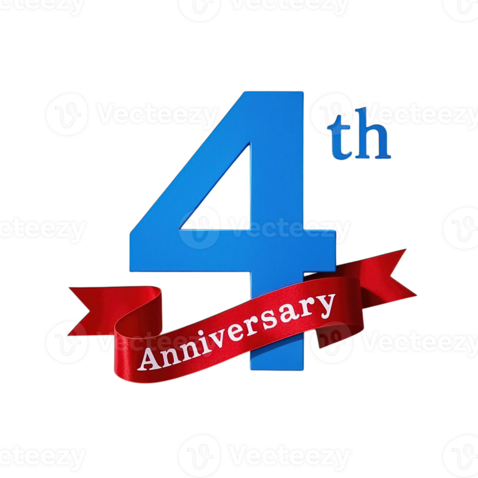 Blue Number Four 4th Anniversary Red Ribbon Design Elegant Festive Celebration Graphic art card icon png