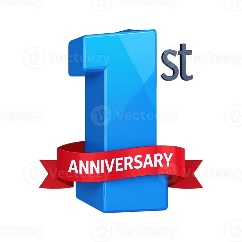 Blue Number One 1st Anniversary Celebration Design Graphic 3D Render Festive Ribbon Red card year png