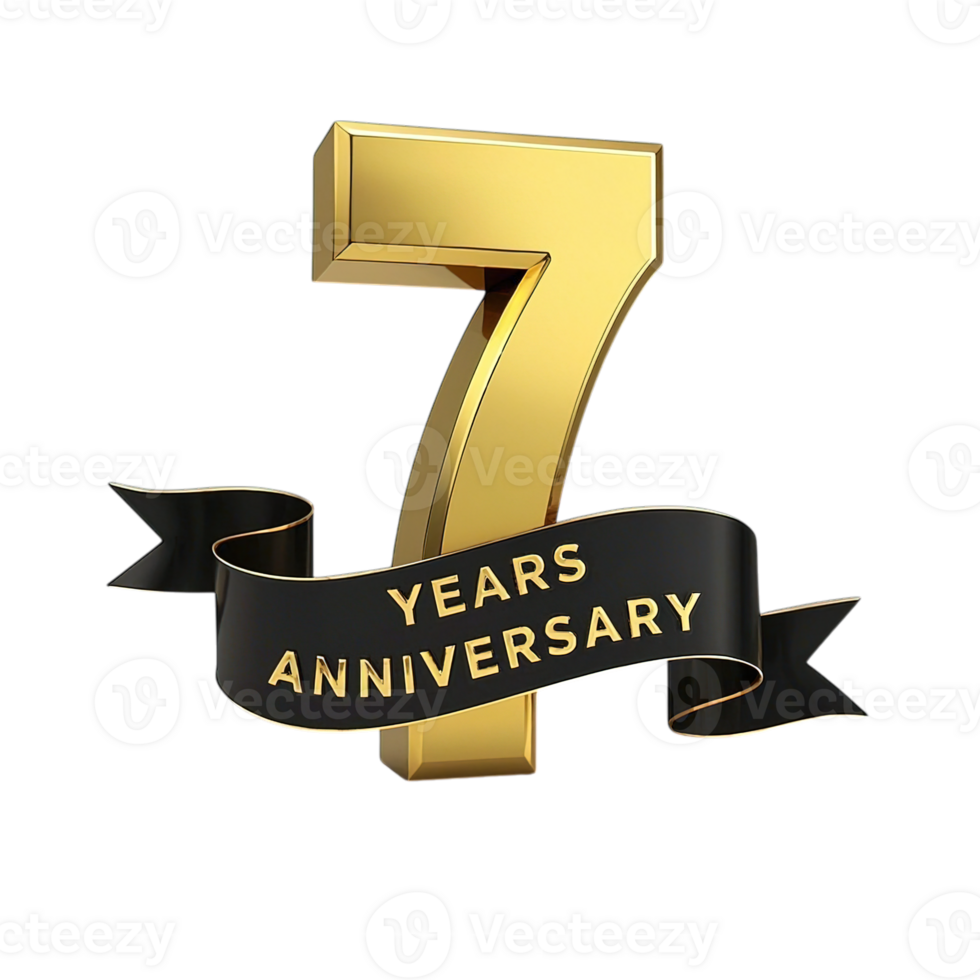 Seven Years Anniversary Golden Number 3D Render Black Ribbon Elegant Celebration 7 icon event party png