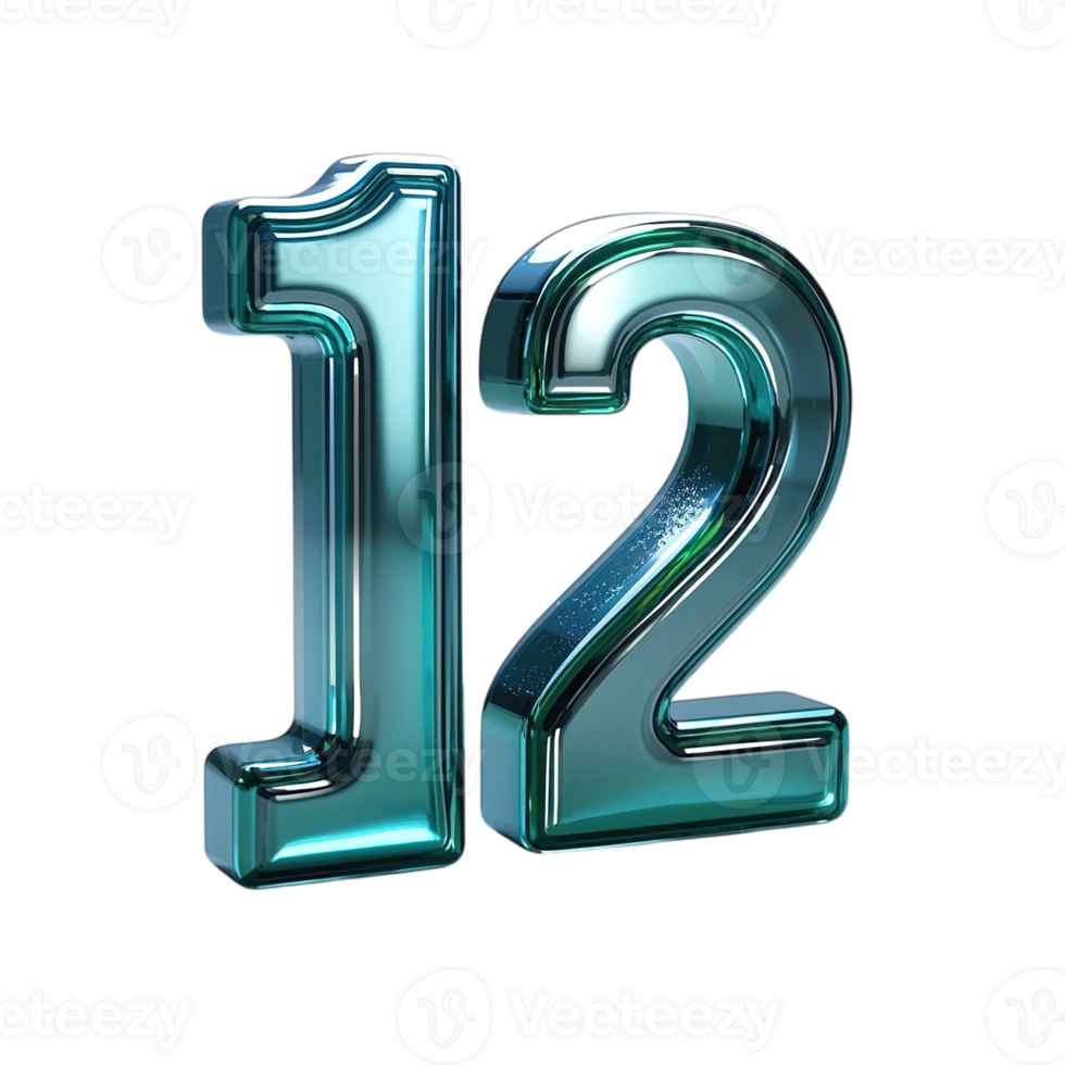 Stylish Teal Number Twelve 3D Render Glossy Twelve Digital Number Design Twelve 12 art font blue png