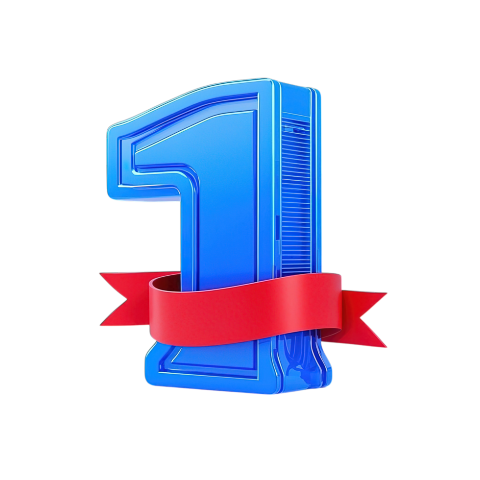 Blue Number One Award Ribbon 3D Render Shiny Success First Place red art top bold icon rank best png
