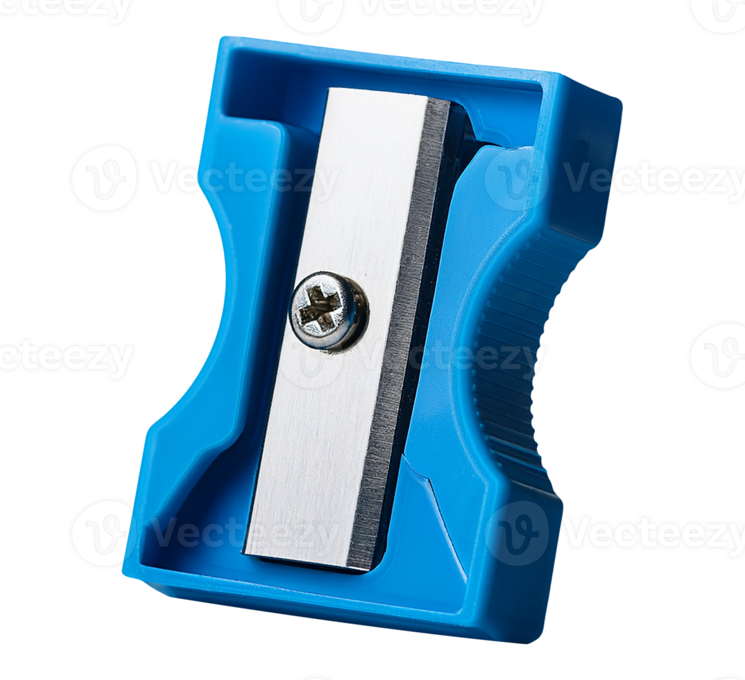 Close up of a blue pencil sharpener with a metal blade png