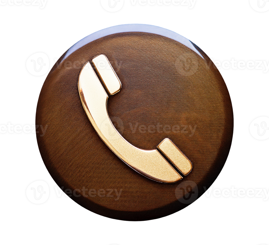a wooden phone button with a gold phone receiver png