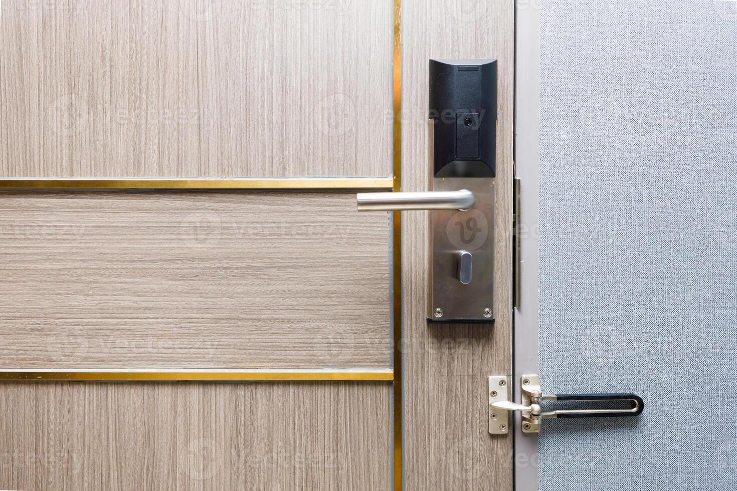 closeup hotel door locking system for privacy safety room double lock with touch keycard to unlock photo