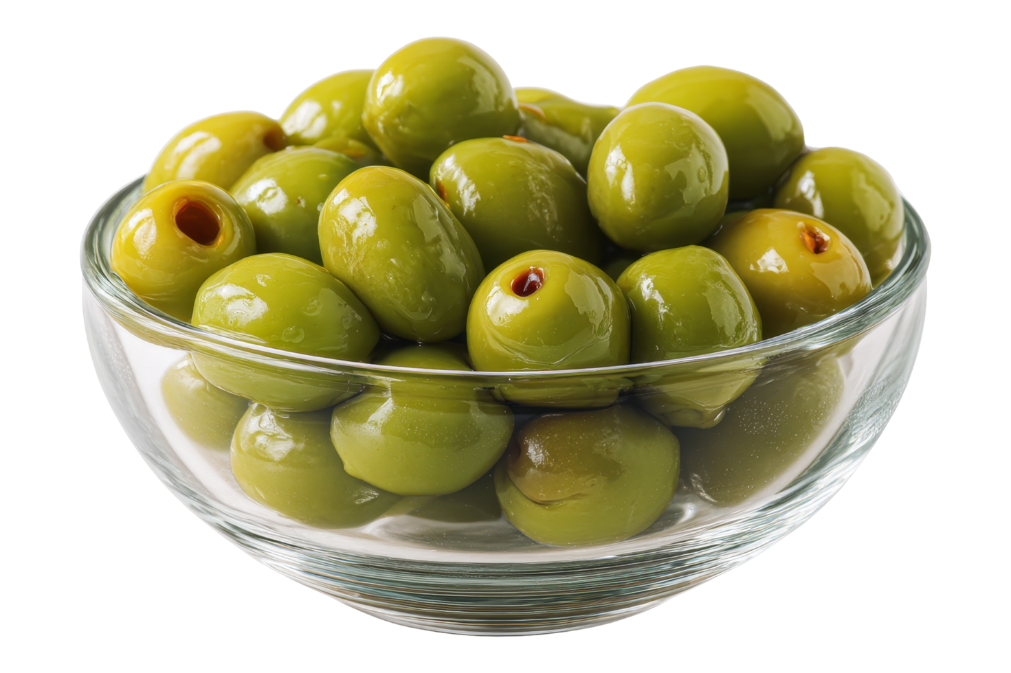 Fresh green olives in clear bowl png