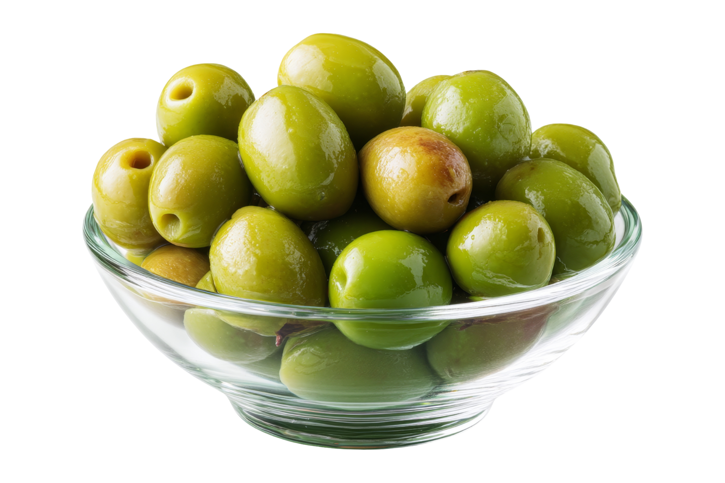 Fresh green olives in glass bowl png