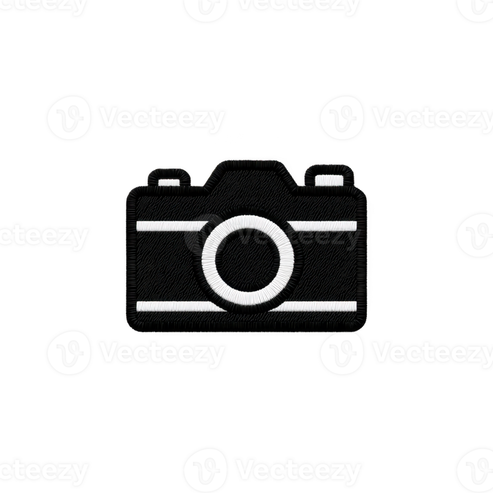 This is image of black and white camera icon with simple design, featuring circular lens in center. icon is likely used to represent photography or camera related applications png