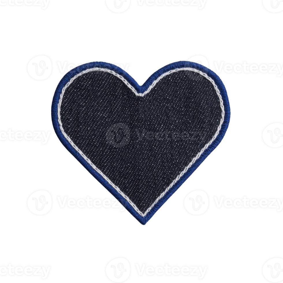 Heart shaped fabric patch with dark gray center and blue border, featuring white stitched outline, isolated on transparency background png