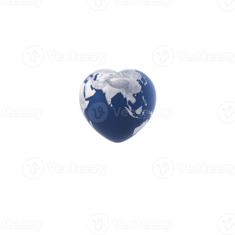 Heart shaped globe with focus on Asia and Europe symbolizes global love and unity. blue and white colors represent oceans and continents, creating harmonious and peaceful image png