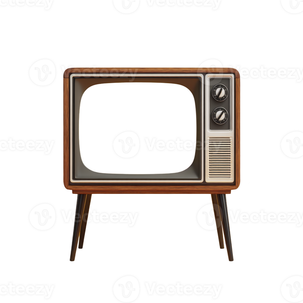 Vintage television with wooden frame and retro design evokes nostalgia. TV has classic style with dials and stands on four legs, reminiscent of mid 20th century models png