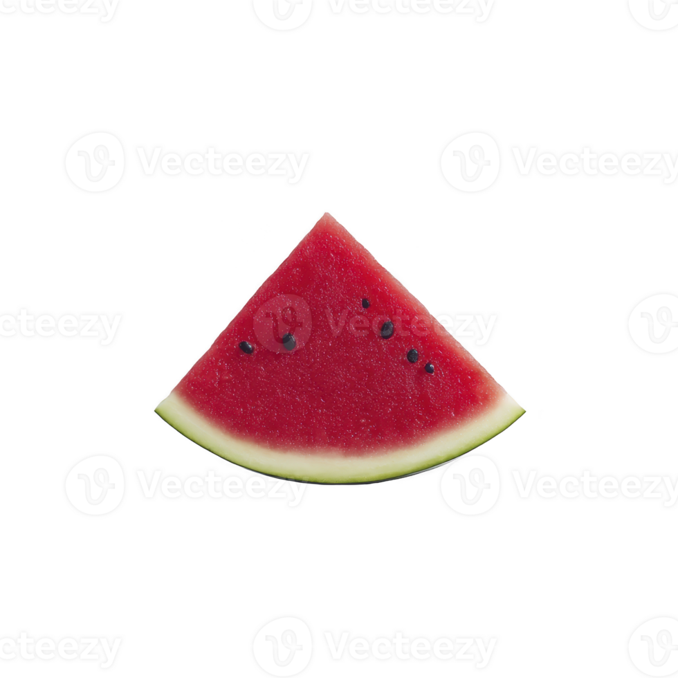 Juicy slice of watermelon with vibrant red flesh and black seeds is isolated on transparency background. fresh fruit is perfect for summer and adds refreshing touch to any meal png