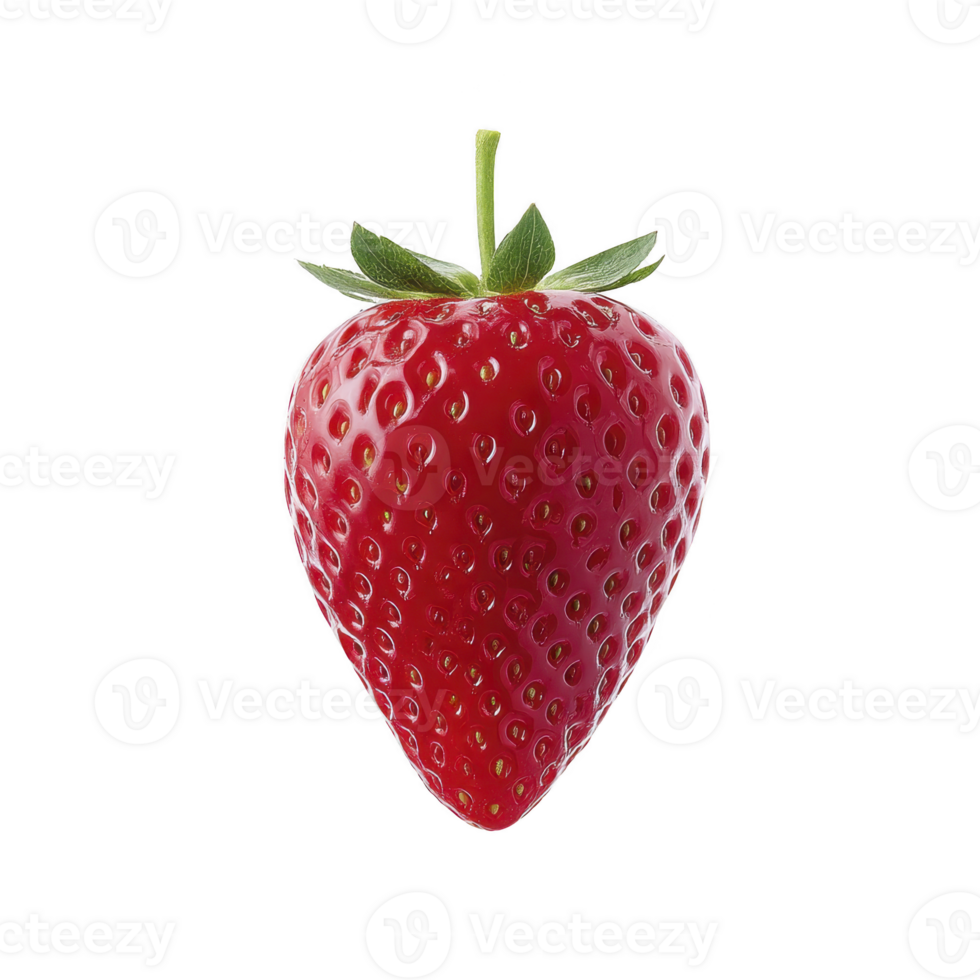 Vibrant red strawberry with glossy surface and green leaves is isolated on transparency background, showcasing its fresh and juicy appearance png