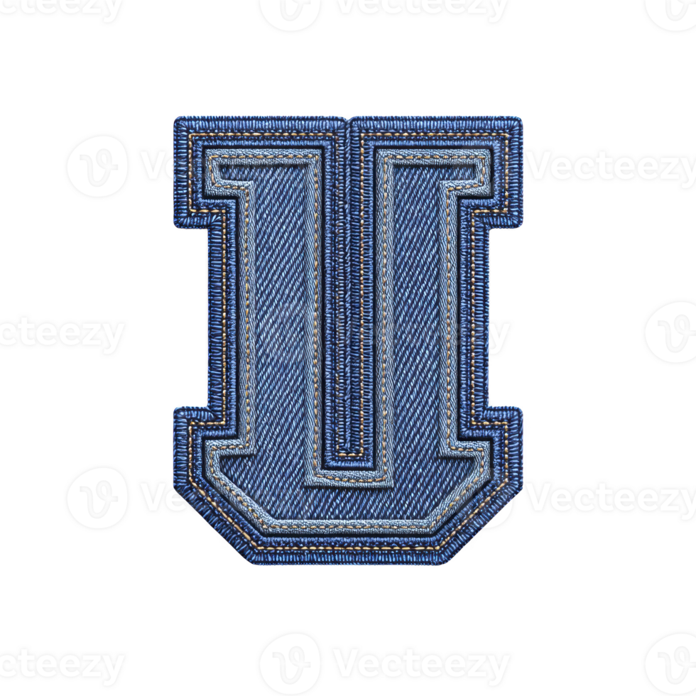 Image shows blue denim letter U with textured, embroidered design transparency background. letter has bold, varsity style appearance, often used fashion or design.denim letter U with embroidery png