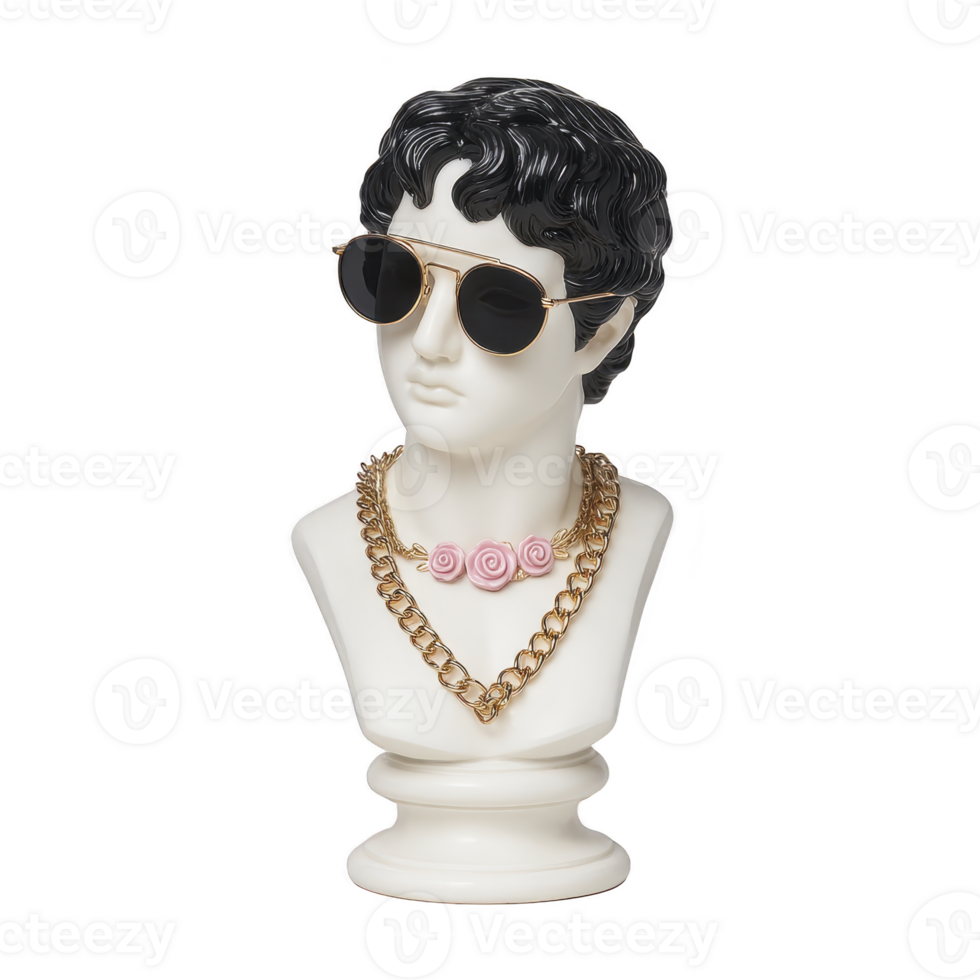 Classical white bust adorned with modern accessories, including sunglasses, gold chain, and pink rose necklace, creating blend of ancient and contemporary styles png