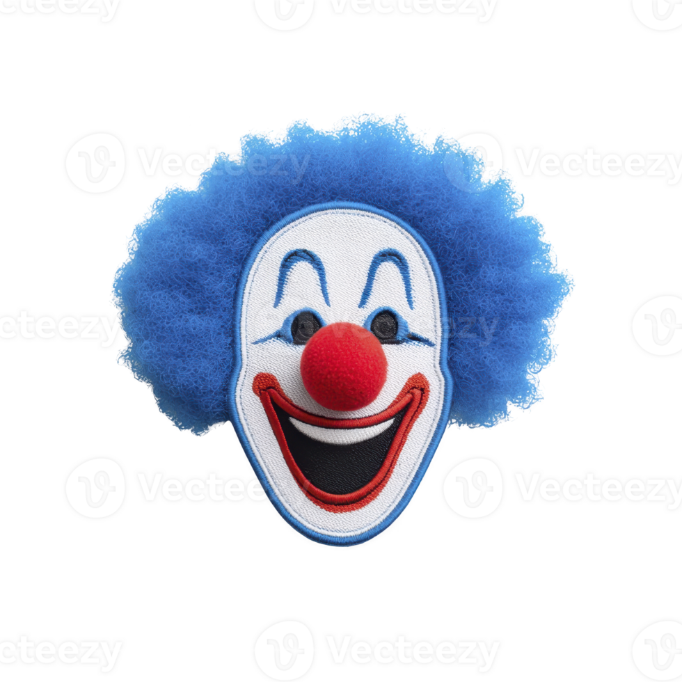 Colorful clown face with big red nose, blue curly hair, and wide smile creates playful and cheerful expression. vibrant design is eye catching and whimsical png