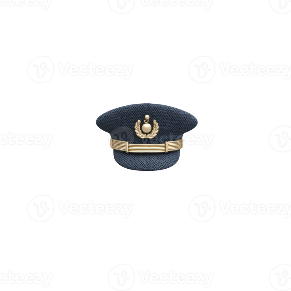 Navy blue pilot cap with gold emblem and trim, symbolizing authority and professionalism, is displayed against plain background. cap design is classic and formal png
