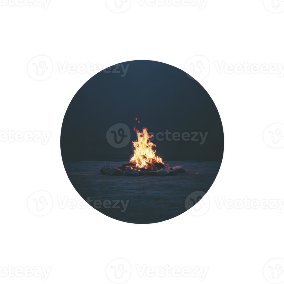 Vibrant bonfire burns brightly on small raft floating in middle of calm, dark body of water, creating striking contrast against night sky png