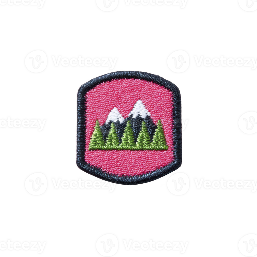 Colorful embroidered patch features mountain landscape with snow capped peaks and green trees on pink background, symbolizing adventure and nature png