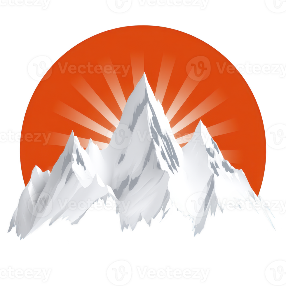Stylized illustration of snow capped mountains with vibrant orange sunburst background creates dramatic and inspiring scene png