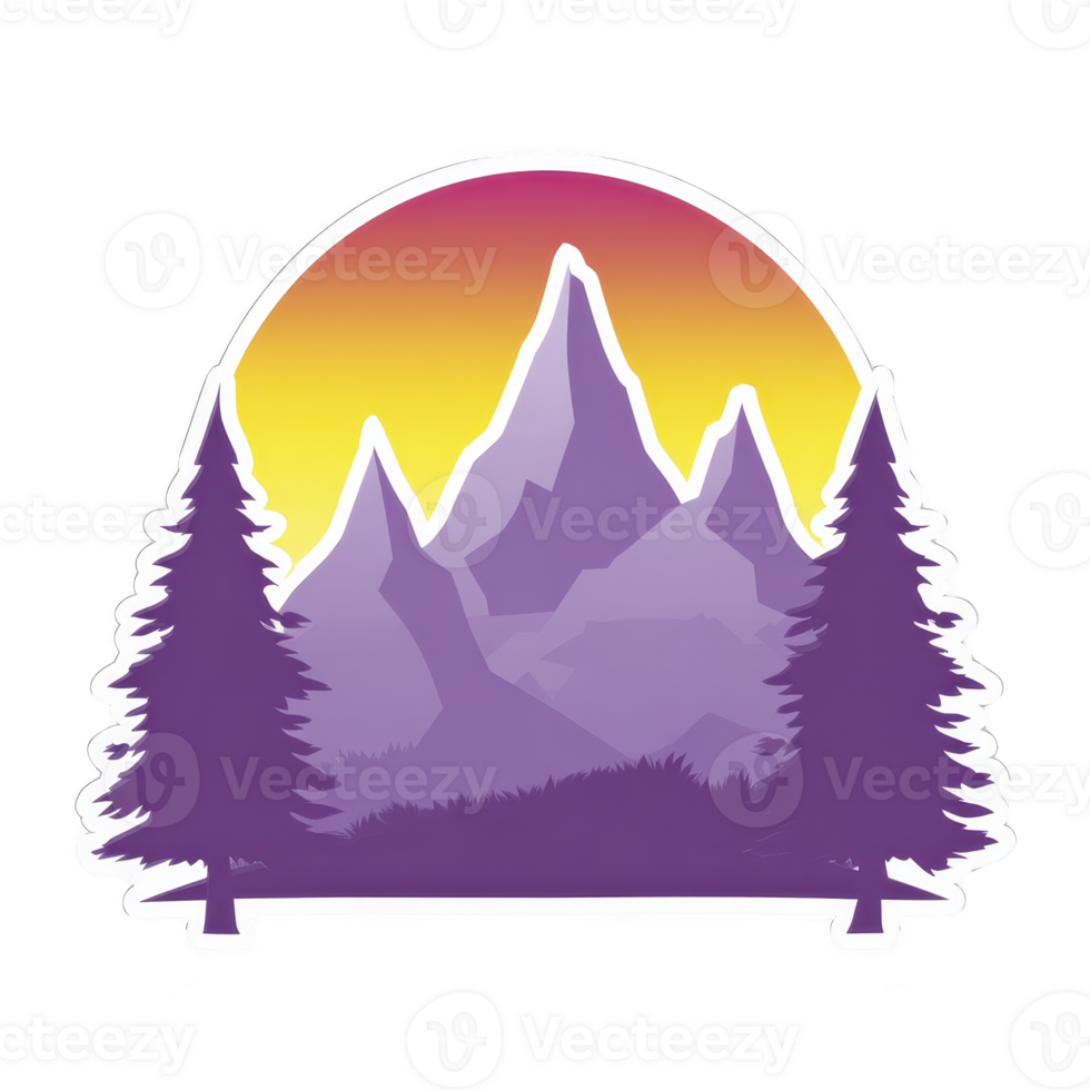 Vibrant illustration of mountain landscape with purple peaks and silhouetted trees against yellow and orange sunset sky, creating serene and colorful scene png
