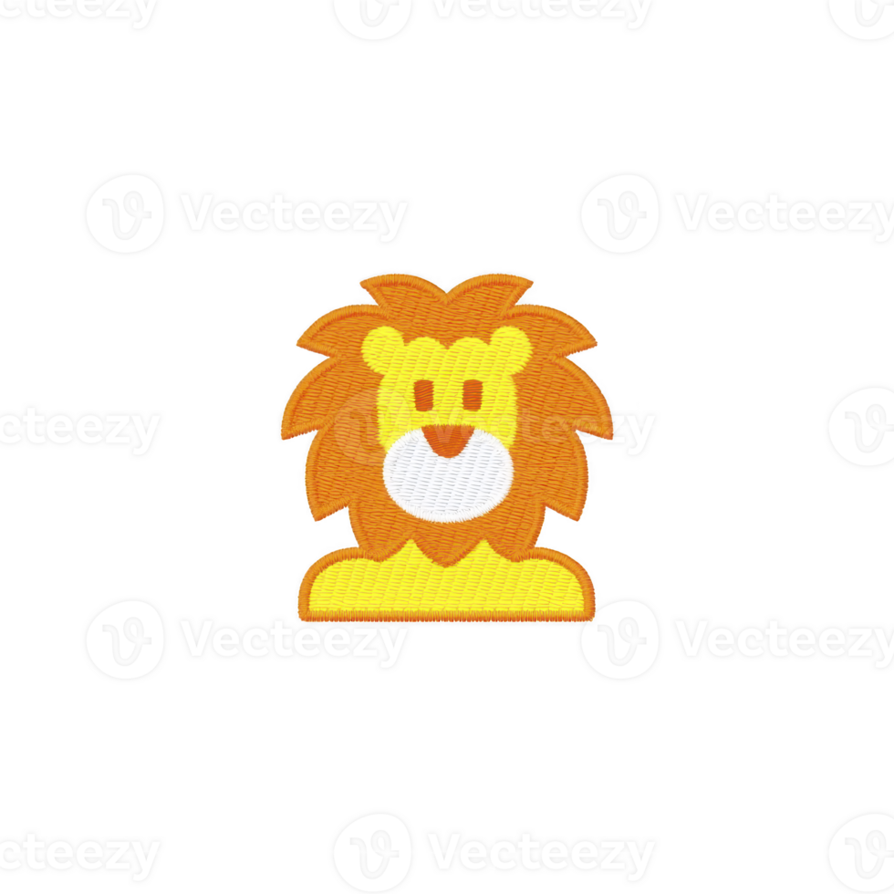 Cute embroidered lion patch with vibrant orange mane and cheerful expression, perfect for clothing or accessories. design is simple and playful, ideal for kids fashion png