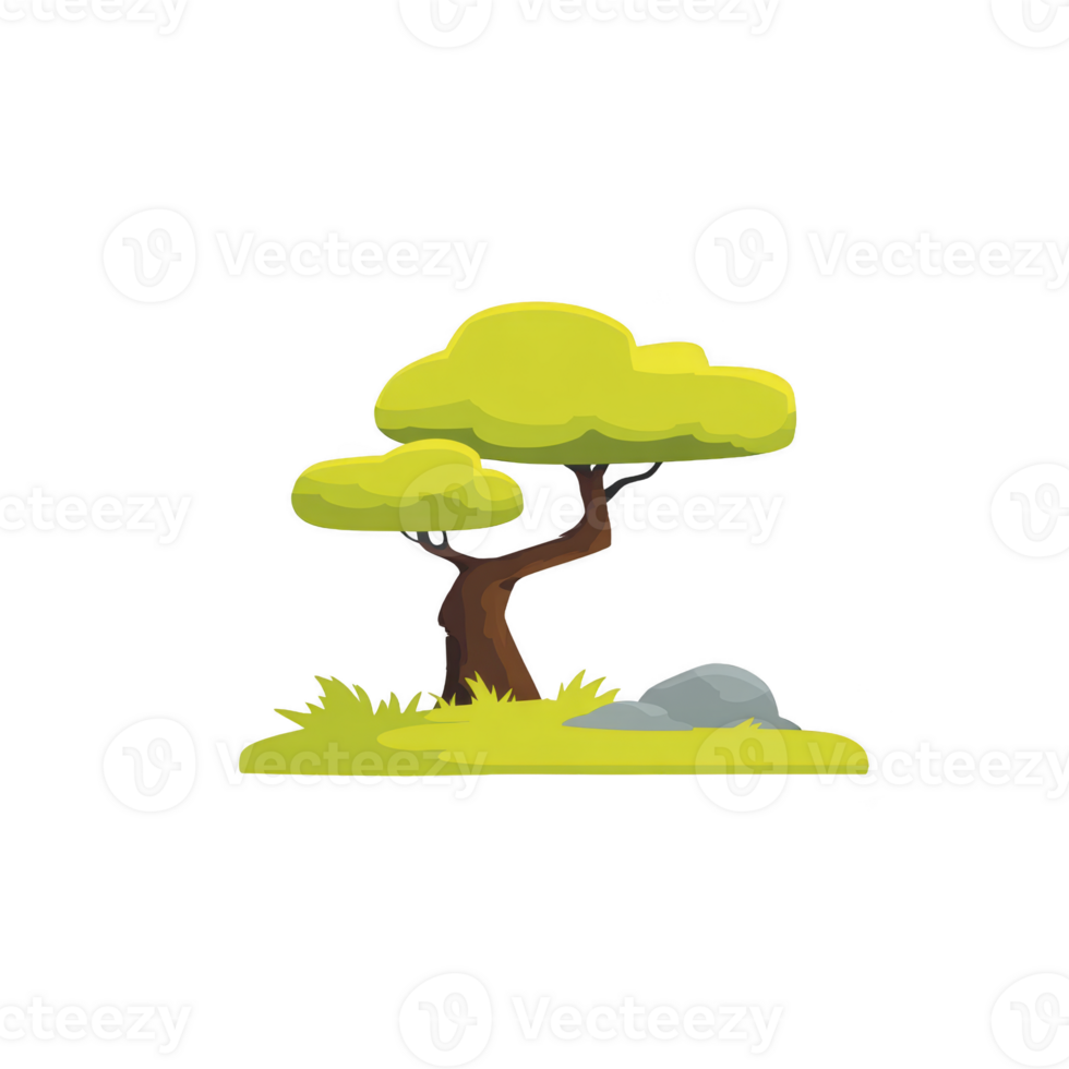 Cartoon tree with lush green foliage stands beside small rock on patch of grass, creating serene and natural scene png