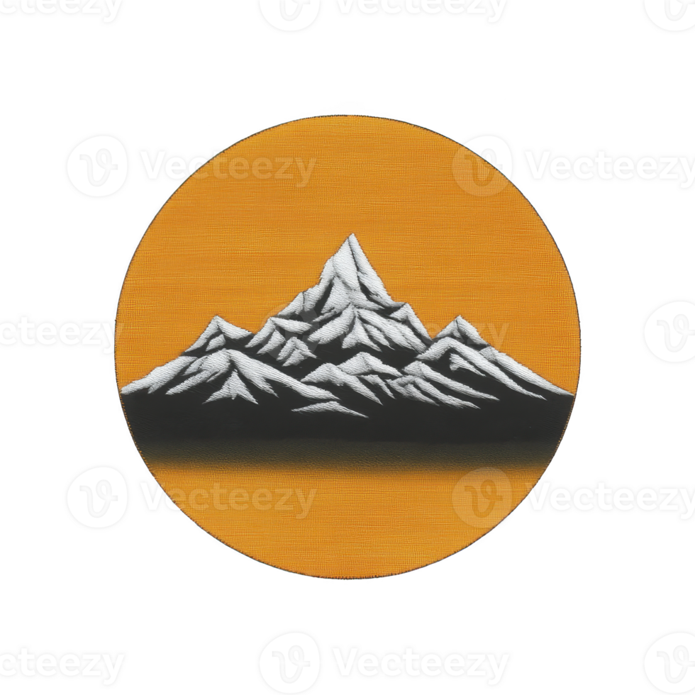 Stylized illustration of snow capped mountains is set against vibrant orange circular background, creating striking contrast. design is simple yet impactful, evoking sense of adventure png