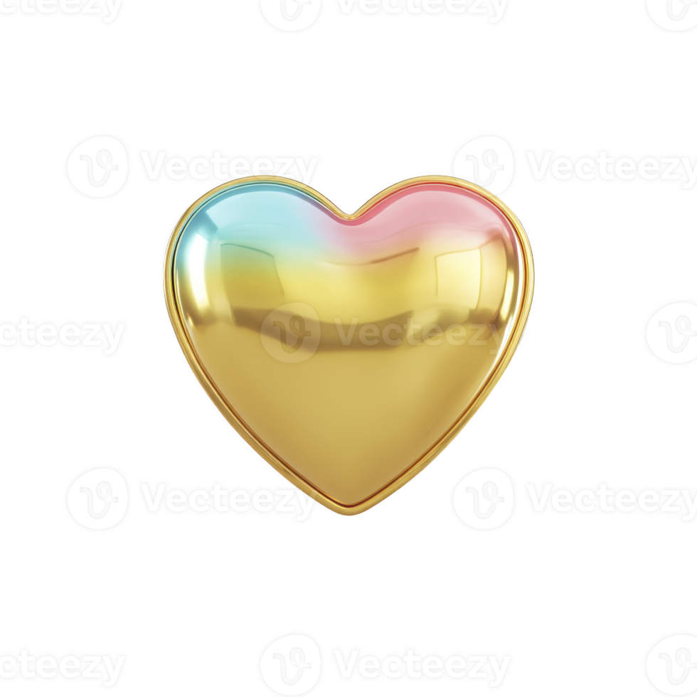 Shiny, multicolored heart with gradient of blue, gold, and pink hues, symbolizing love and positivity. heart has glossy, reflective surface, giving it modern and vibrant appearance png