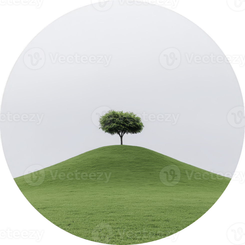 Solitary tree stands atop lush green hill under cloudy sky, creating serene and minimalist landscape. circular framing adds unique artistic touch png