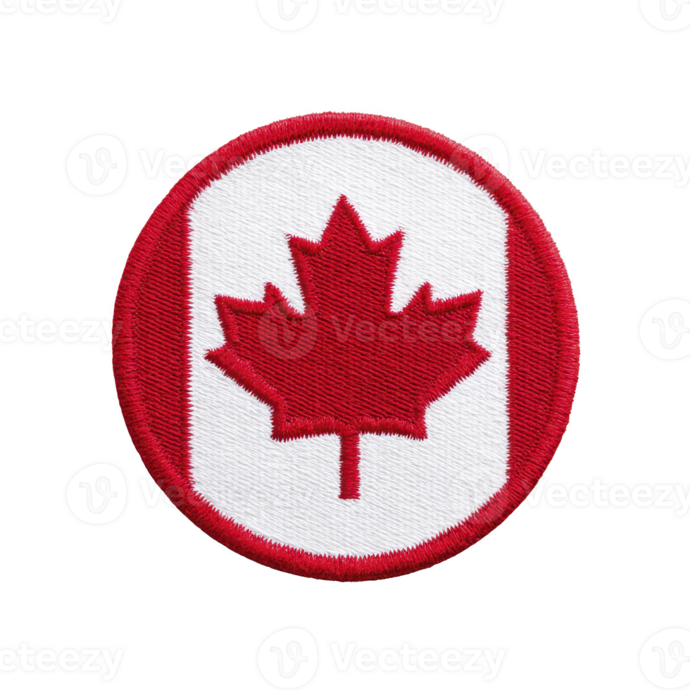 Circular embroidered patch features red maple leaf on transparency background, symbolizing Canada. patch is bordered in red, highlighting national emblem png