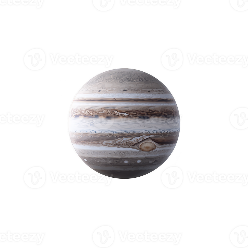 Detailed illustration of Jupiter showcases its swirling clouds and iconic Great Red Spot, highlighting planet massive size and gaseous composition png