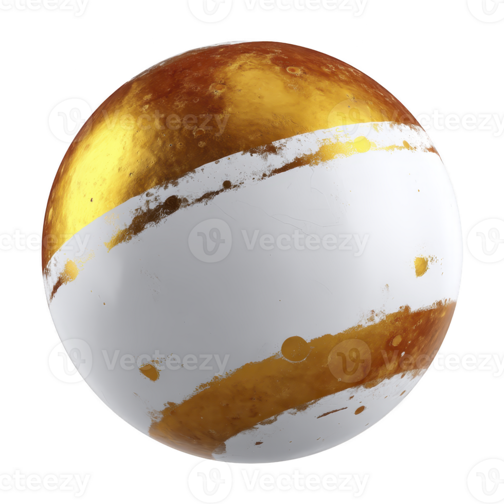 Spherical object with glossy surface features striking design of gold and white stripes, creating luxurious and modern aesthetic. texture appears smooth with reflective qualities png