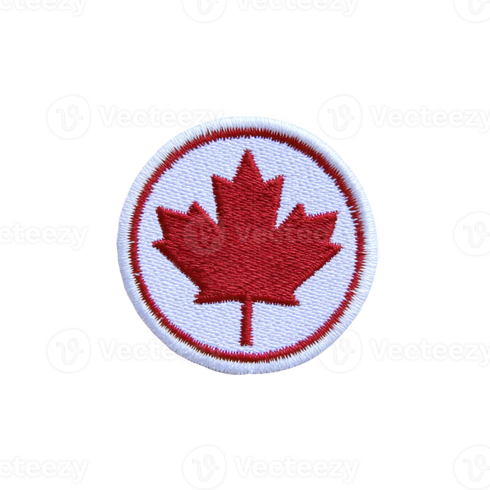 Circular patch featuring red maple leaf emblem on transparency background, symbolizing Canada. patch is bordered with red circle, representing national pride and identity png