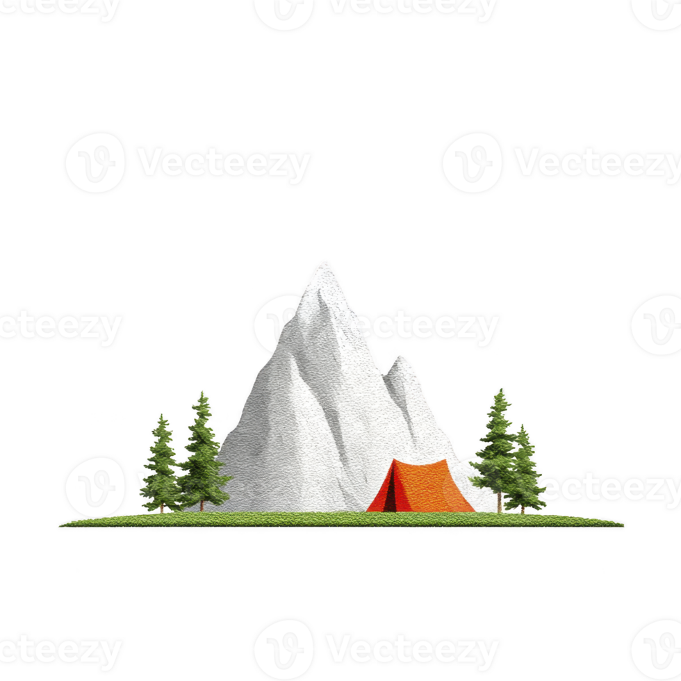 Vibrant illustration of mountain scene features tall, white peak with orange tent nestled at its base, surrounded by lush green pine trees, evoking sense of adventure png