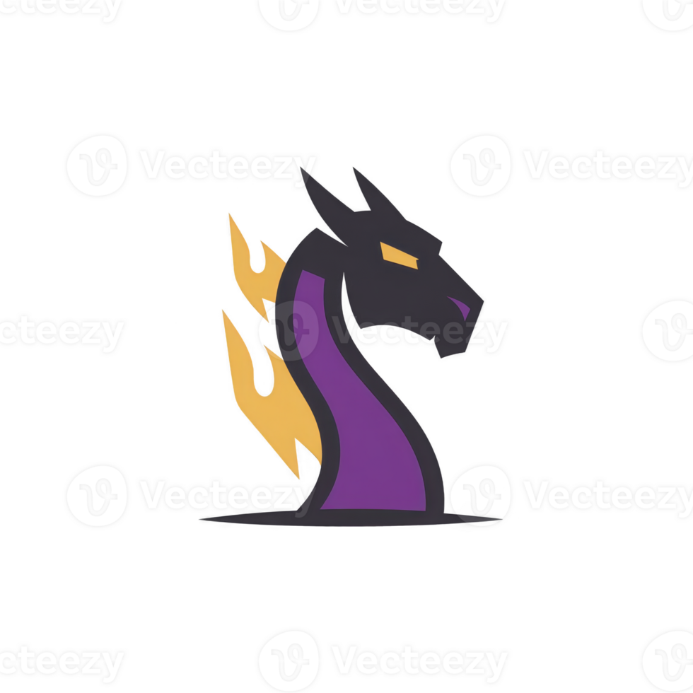 Stylized dragon head logo features black and purple design with orange flames, conveying sense of power and mystique. bold colors and sharp lines create dynamic and modern look png