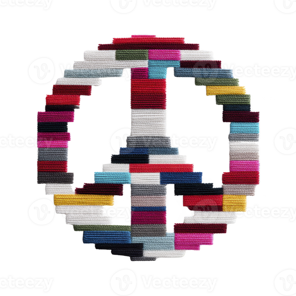 Colorful embroidered peace symbol with vibrant threads in various shades, creating patchwork effect. design is bold and eye catching, symbolizing harmony and unity png