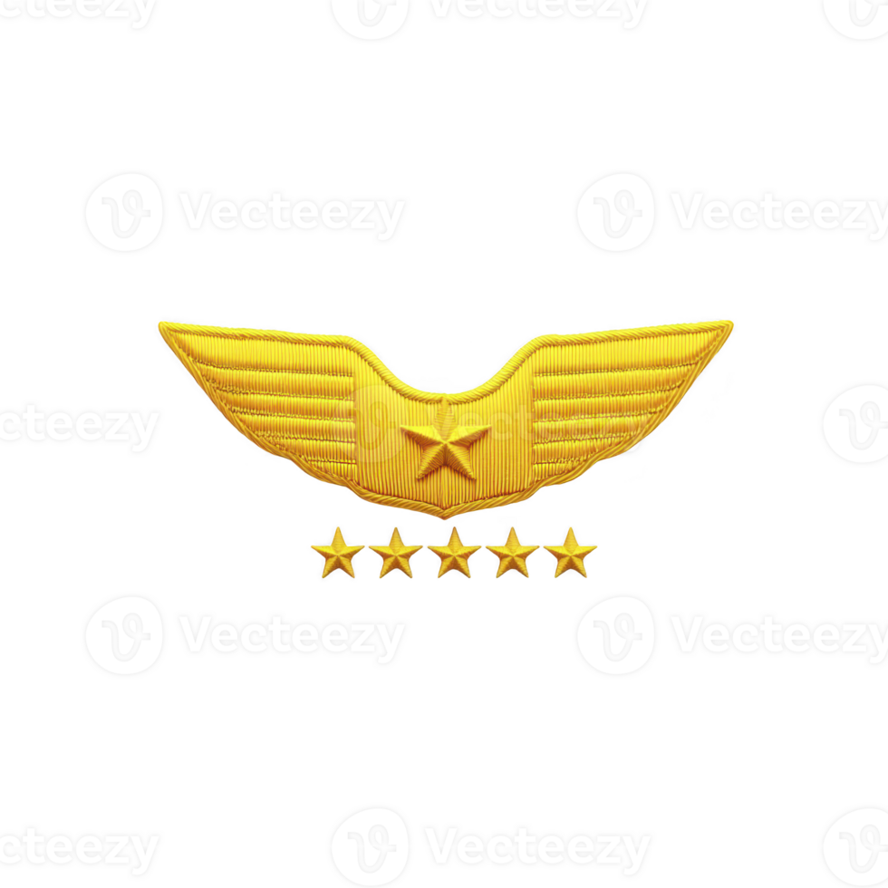 Golden pilot badge with star and five stars below symbolizes high rank and achievement in aviation. wings and stars convey prestige and excellence png