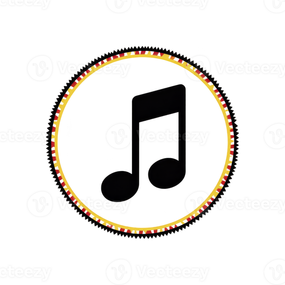 Black musical note icon is centered within circular border featuring colorful pattern. design is simple and modern, conveying sense of rhythm and creativity png