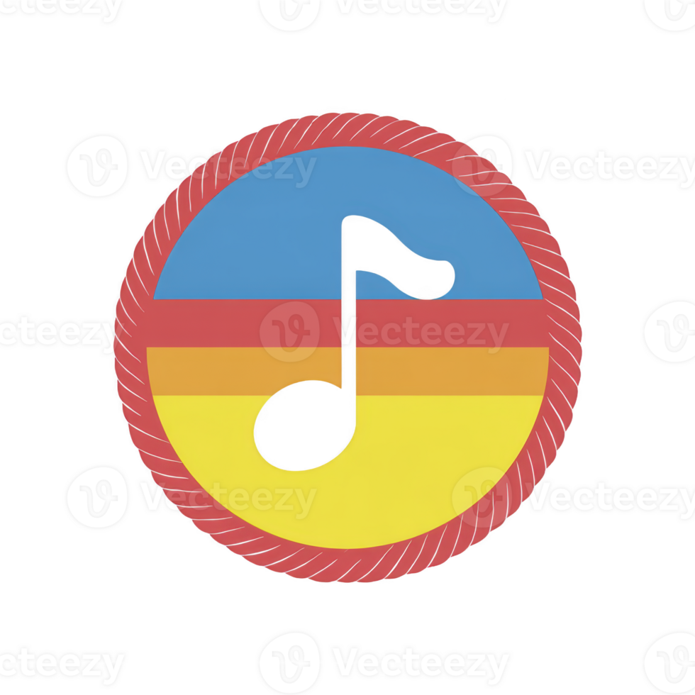 Colorful circular badge features black musical note at its center, set against background of blue, orange, and yellow stripes, with red border png
