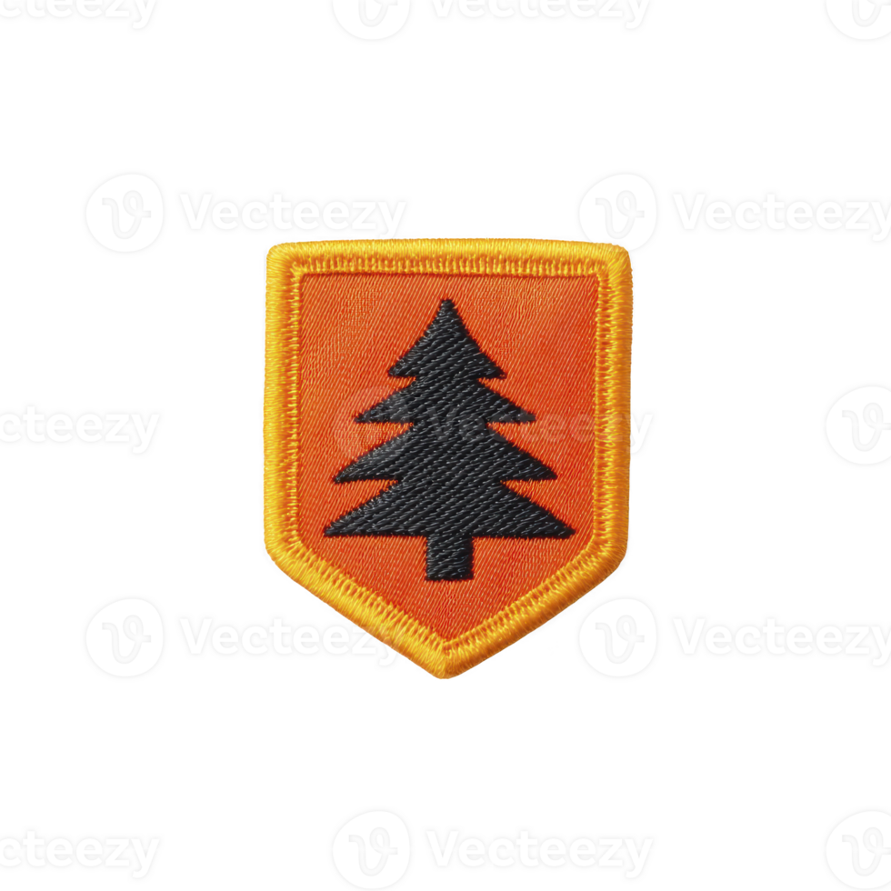 Embroidered patch with black tree design on orange background, bordered by yellow, symbolizes nature and adventure png