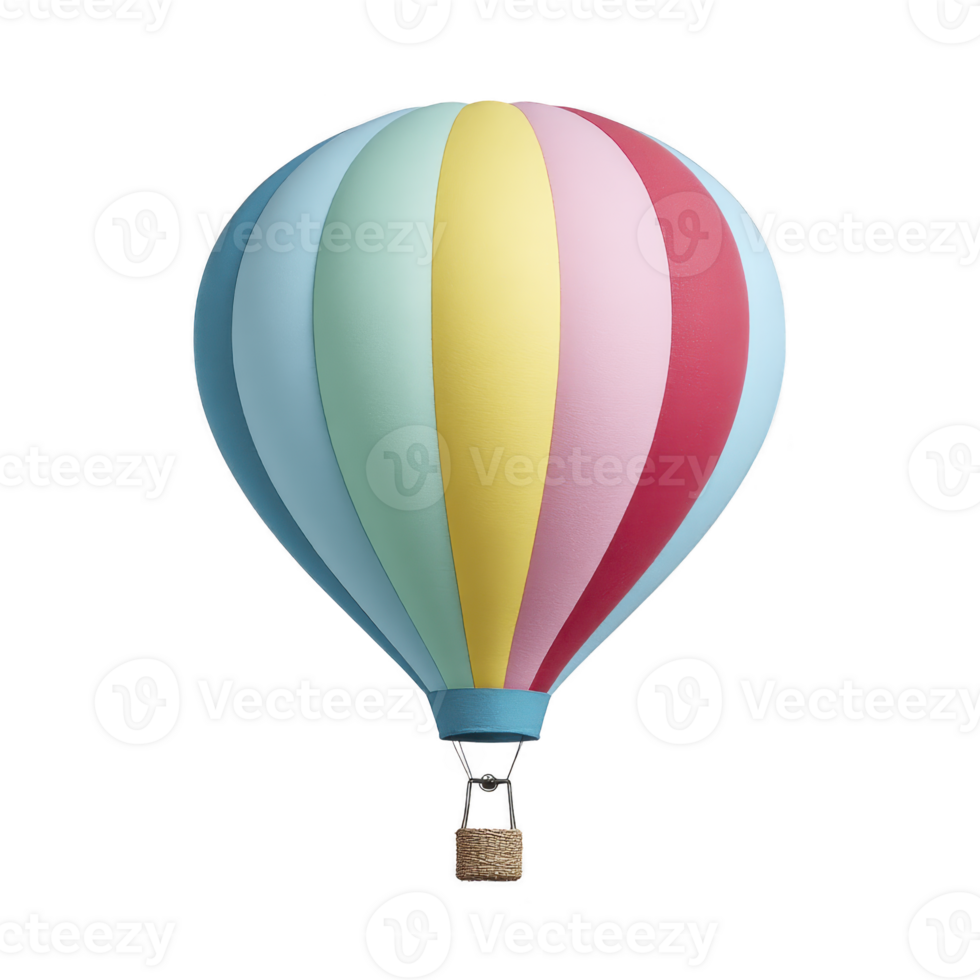 Colorful hot air balloon with pastel stripes of blue, yellow, pink, and red, featuring small wicker basket below. balloon is isolated on transparency background png