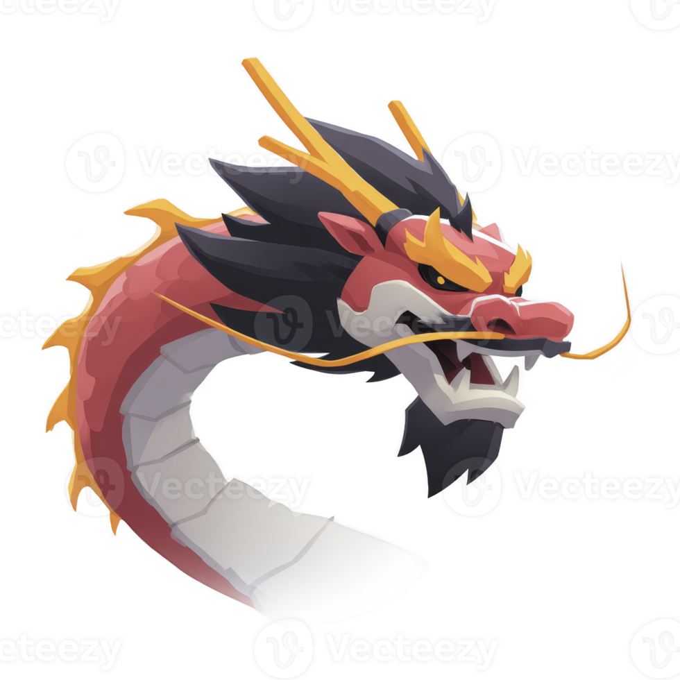 Fierce, stylized dragon head with vibrant red scales, sharp teeth, and golden horns, exuding power and mystique. dragon expression is intense and dynamic png