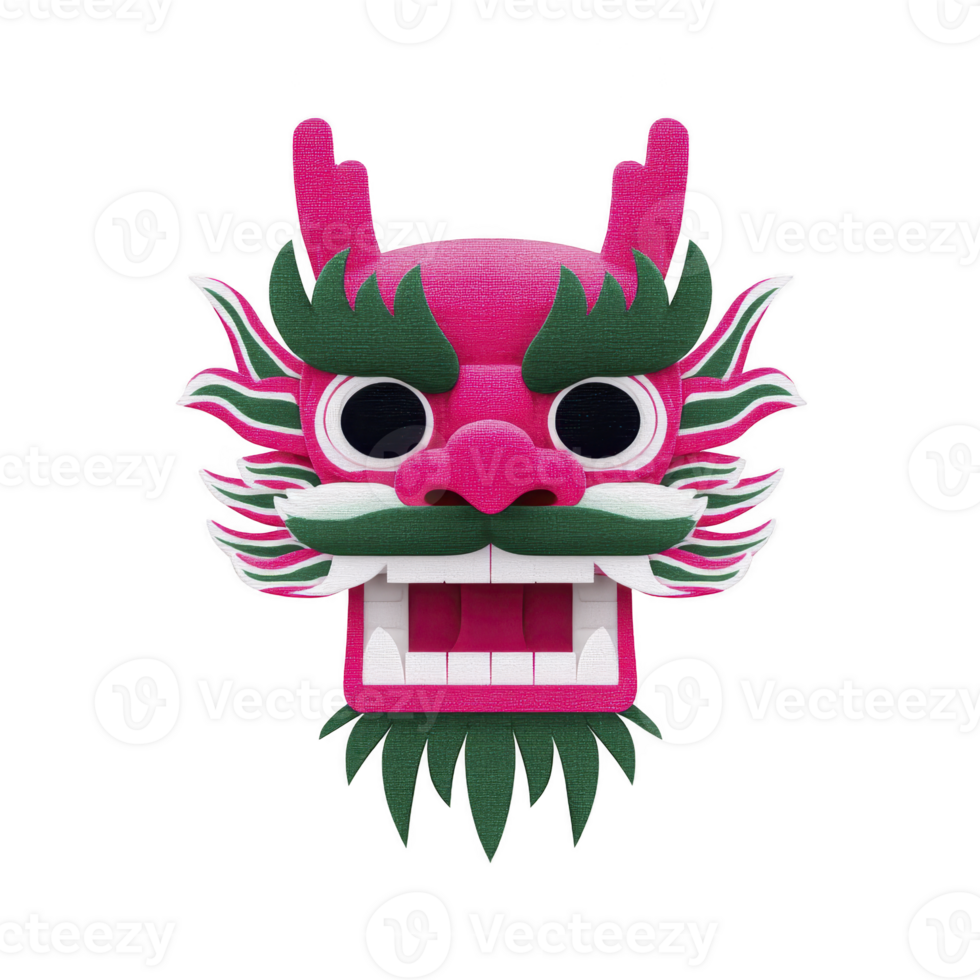 Vibrant pink and green dragon mask with bold features and expressive eyes, often used in cultural festivals and celebrations, showcasing traditional craftsmanship png