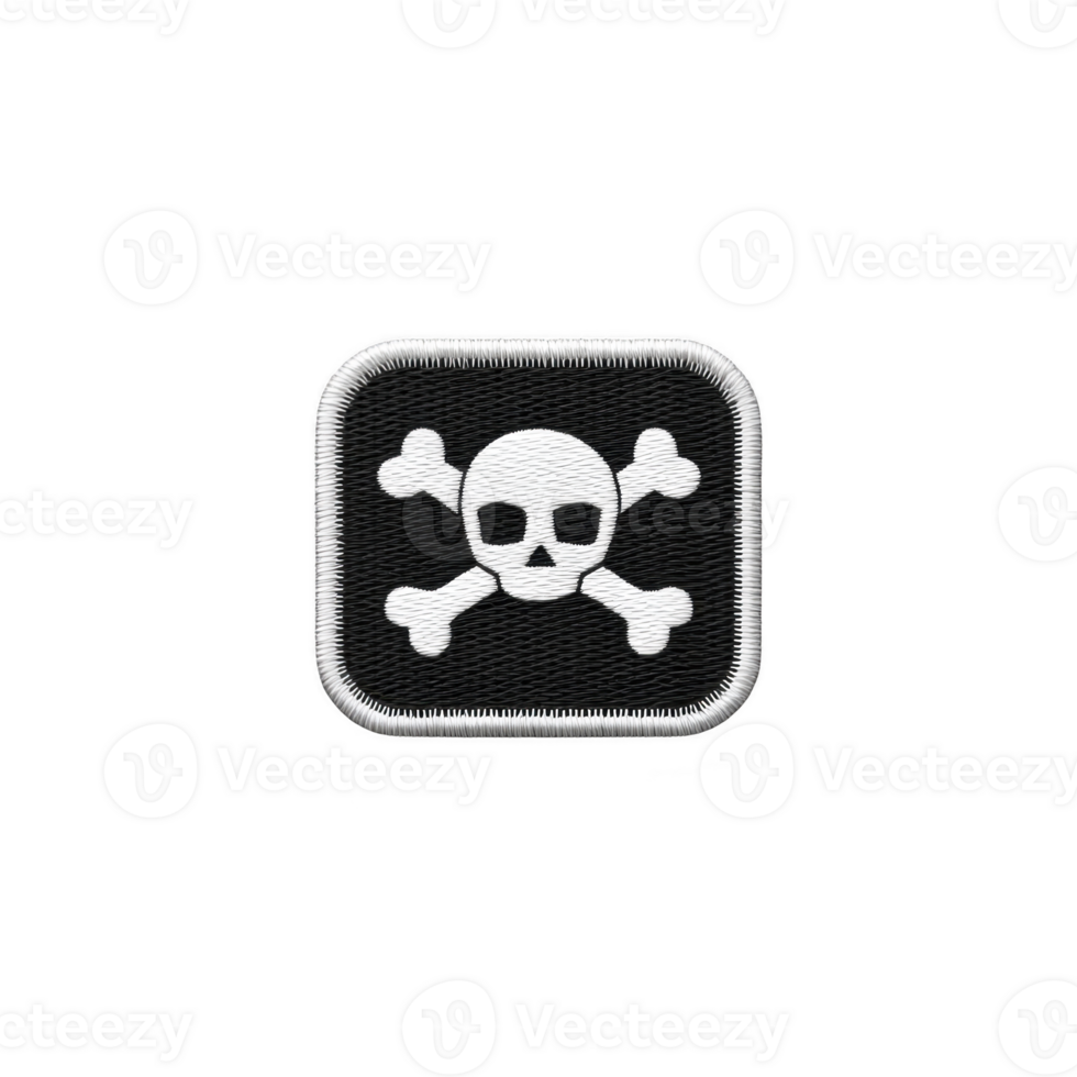Square patch features white skull and crossbones design on transparency background, symbolizing danger or piracy. embroidered texture adds tactile element to bold, iconic imagery png