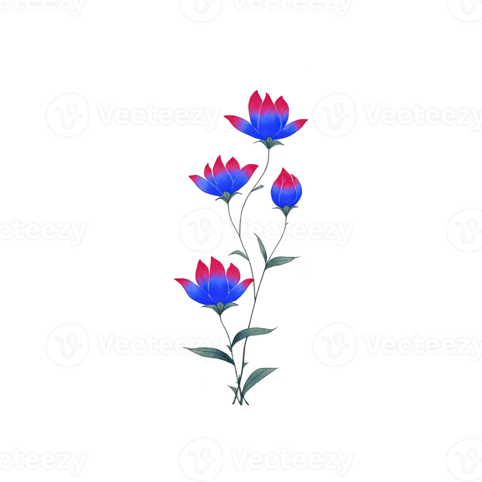 Vibrant illustration of stylized flower with blue and red petals on transparency background, showcasing unique and artistic design. contrast between colors creates striking visual effect png